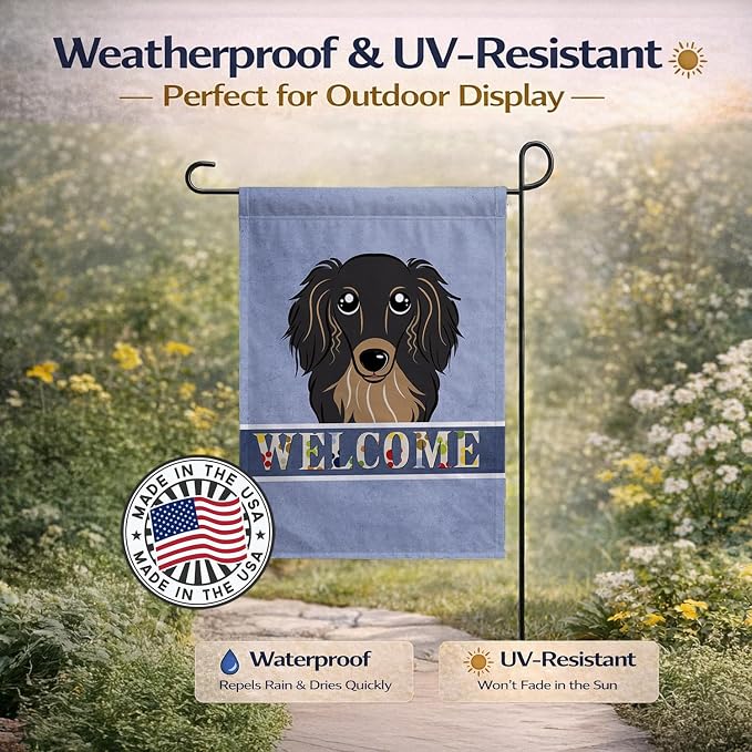 Caroline's Treasures BB1399GF Longhair Black and Tan Dachshund Welcome Garden Flag, Blue Mailbox Flag Decorative Yard Flag Banner Outside Patio Artwork Yard Flower Beds, Garden Size, Multicolor