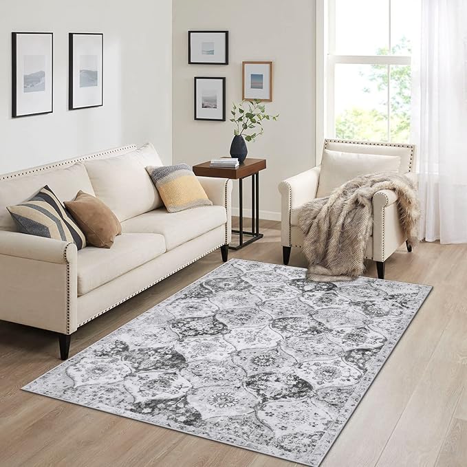 Lahome Moroccan Washable Small Area Rug, 3x5 Rugs for Bedroom Living Room | Trellis Non-Slip Oriental Accent Throw Carpet for Kitchen Office Entryway Bathroom Office Elise, Silver Grey