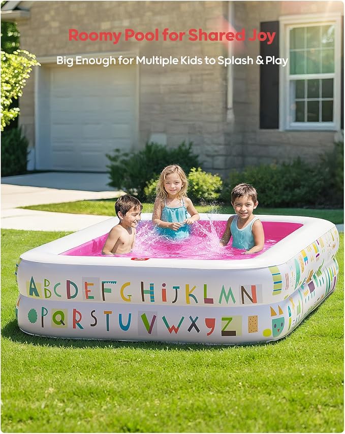 QPAU Kiddie Pool, Alphabet and Number Design, 65 x 39 in, Pink | Inflatable Design with Soft Floor, Converts to a Ball Pit for Kids and Toddlers, for Indoor and Backyard Play