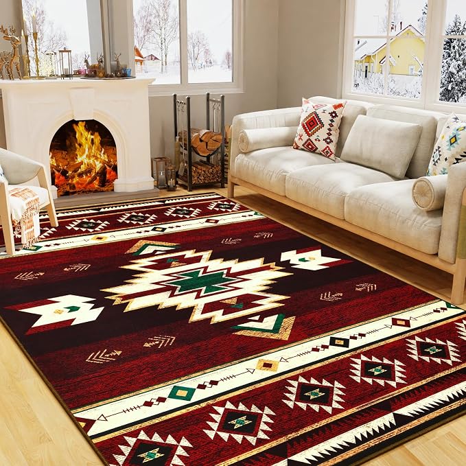 BENRON Western Rugs for Living Room Bedroom 3x5, Non Slip Washable, Red | Southwest aztec Throw Area Rugs for Dining Table Kitchen Home Decor