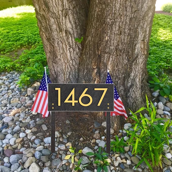 Personalized Address Sign LAWN MOUNTED - House Number Sign,Address Plaque,House Address Numbers for Outside House Lawn Insert,Yard,Ground,Garden,Drive Way Free Standing with Stakes(Golden)