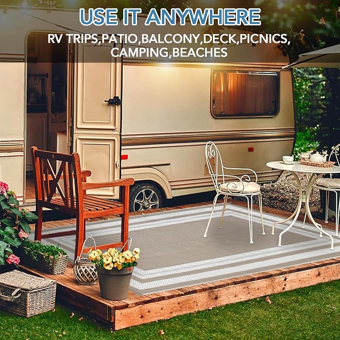 Garvee Outdoor Plastic Straw Rug 10x14 Patio Rug Waterproof Reversible Mat Lightweight Carpet Easy Clean Foldable Large Camping Rugs for Backyard Porch RV Beach Balcony Deck Picnic Panel Grey Brown