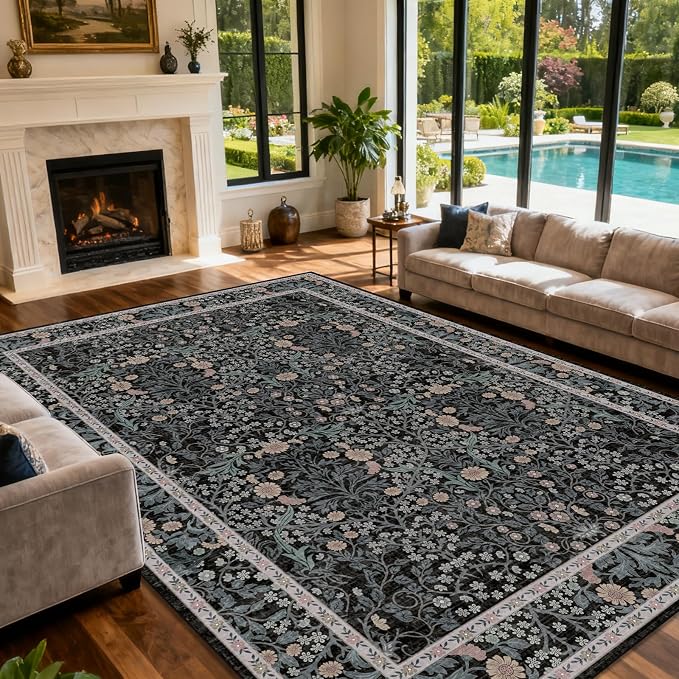 Area Rug for Living Room, 10x12 Large Washable Rugs for Dining Room, Bedroom, Non Slip Stain Resistant Carpet, Low Pile Vintage Floral Rug (Black)