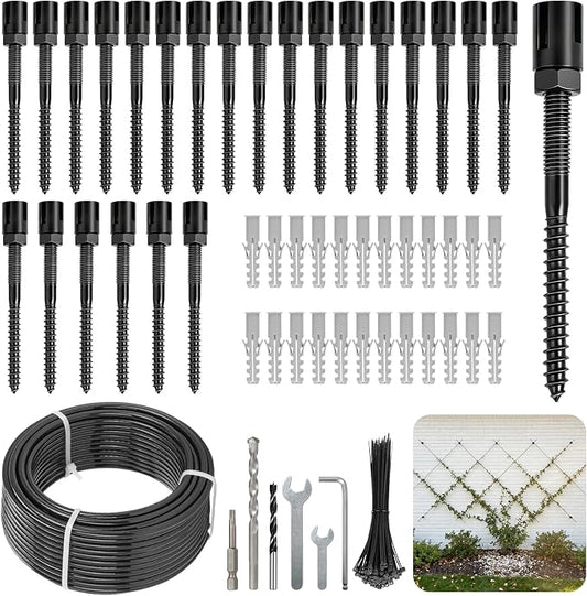 TooTaci Wire Trellis for Climbing Plants Outdoor, 24 Set Black Wall Wire Trellis Kit with 131ft 1/8 Vinyl Coated Cable, Modern Minimalist Support System for Wall, Fence, DIY Plant Training
