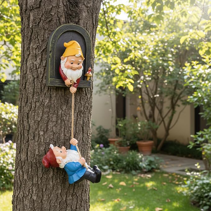 Elenon Climbing Gnomes Tree Faces Decor, Adorable Gnome Tree Hugger Fairy Garden Statue, Funny Peeker Sculpture Outdoor Yard Patio Art (2 Pack)