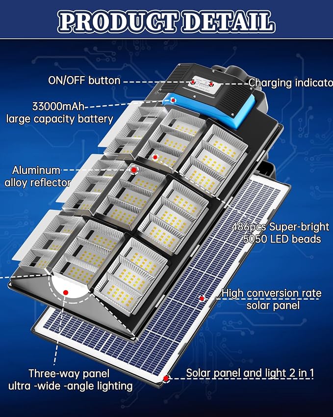 Gefolly SL-7200W Solar Street Lights Outdoor, 450000LM Commercial Parking Lot Light, 6500K Dusk to Dawn IP67 Security Flood Lights Motion Sensor Led Lamp for Basketball Court, Road, Yard