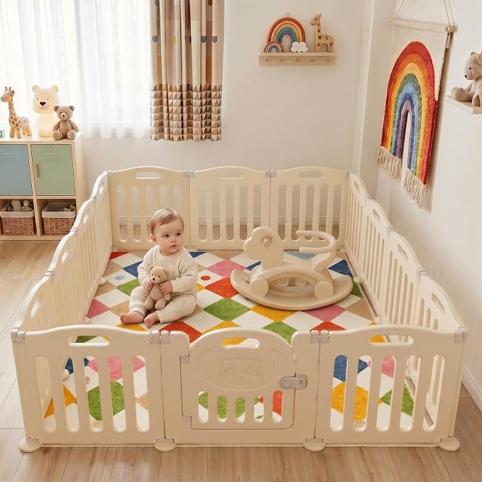 jinchan Checkered Square Rug 5x5 Washable Colorful Kids Room Play Mat | Soft, Non-Slip, Cute, Kid-Friendly, Modern Geometric Design, Cream Background, for Nursery, Playroom, Bedroom, Dorm, Daycare