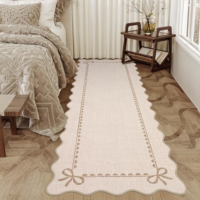 GarveeHome Scalloped Hallway Runner Rug 2x6 Non Slip Bedroom Rugs, Beige | Washable Bow Rug for Girls Dorm Nursery Living Room Entyrway Kitchen, Soft Low Pile Ultra-Thin Indoor Carpet