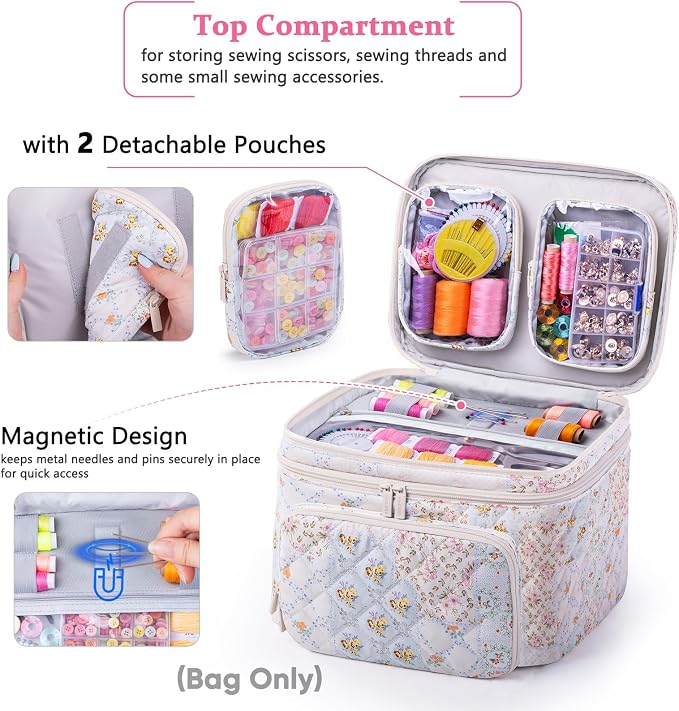 AMOIGEE Double-Layer Sewing Organizer Storage Bag with 2 Detachable Pouches, Large Quilted Sewing Basket for Supplies & Tools, Portable Travel Sewing Kit Case, Gift for Mom(BAG ONLY)