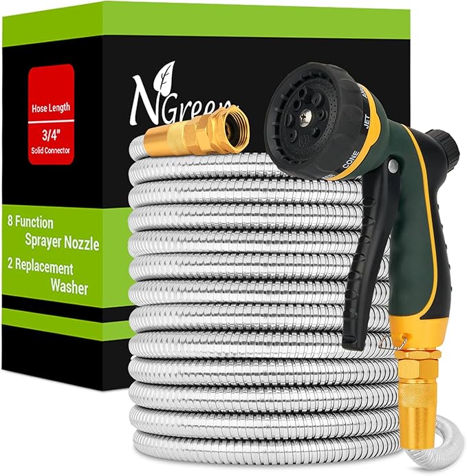 Garden Hose Metal 75FT – Heavy Duty 304 Stainless Steel Water Hose with 8-Pattern Nozzle, Lightweight, Flexible, Puncture Proof, Kink-Free, High Pressure, Solid Metal Fittings for Yard, Outdoors, RV