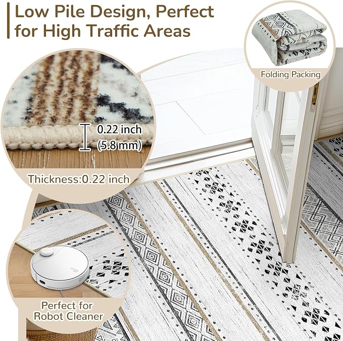 8x10 Washable Area Rugs for Living Room Boho Bedroom Rug Black/Brown | Vacuum Friendly, Machine Washable, Non-Slip Rug, Stain Resistant, Moroccan Geometric, Low Pile Carpet, Dining Room Kitchen
