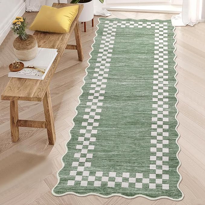 GarveeHome Rug Runners for Hallways 2x8 Washable Kitchen Runner Rug | Non Slip Low Pile Bedside Throw Carpet Modern Bordered Runners Checkered Rugs for Living Room Bedroom Entryway Nursery, Green