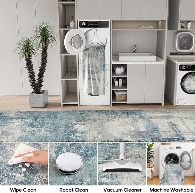 2x3 Abstract Washable Bath Mat: Blue Non Slip Small Rugs for Bathroom | Kitchen Sink - Soft Low-Pile Carpet Modern Doormat for Front of Entryway Home Decor 2x3 Blue