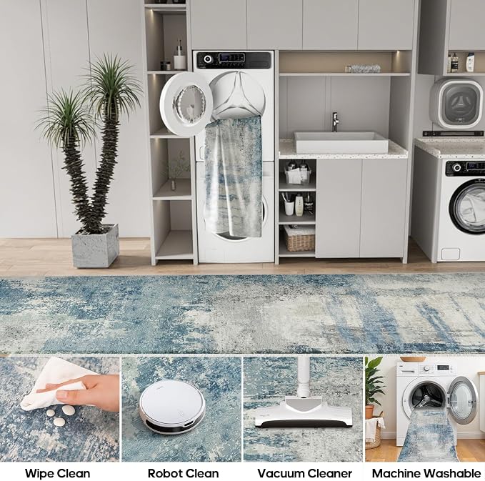 2.6x14 Extra Long Runner Rug: Grey Abstract Washable Non Slip Carpet Blue | Hallways - Soft Low-Pile Thin Indoor Runner for Long Spaces 2.6x14 Blue