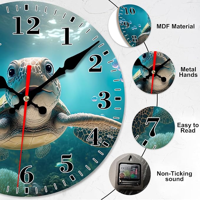Wall Clocks Battery Operated, Cute Sea Turtle Silent Non Ticking Decorative Indoor Outdoor Wall Clocks for Living Room Kitchen Bedroom Bathroom 12"