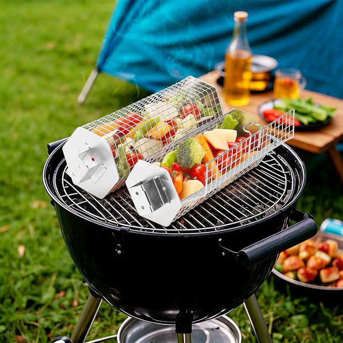 Grill Baskets Set, 2 PCS Stainless Steel Grill Baskets with Removable Wooden Handles, Nesting BBQ Tools, Hexagon Design for Outdoor Cooking Camping, Birthday Gifts for Men Dad Husband