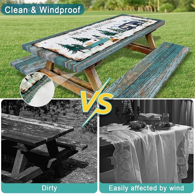 Picnic Table Covers with Bench Covers Camping Tablecloth Fitted Picnic Table Cover with Elastic Windproof Waterproof, Camping Accessories Outdoor, 72In 3PCS