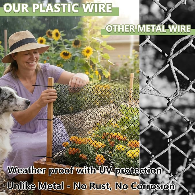 15.7" x 16.4' Plastic Mesh Fence Roll - Heavy Duty Chicken Wire Mesh Fence - Upgraded Thick Animal Barrier for Garden, Balcony Railing Safety Net, Poultry Netting with 20 Zip Ties, Black