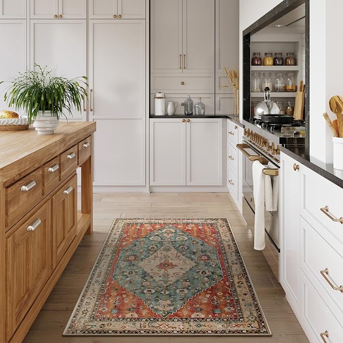 Lahome Felice Boho Tribal 3x5 Washable Entry Throw Rugs for Bedroom, Bohemian Entryway Kitchen Rugs Non Slip Washable, Indoor Low-Pile Carpet for Bathroom Living Room (Rust/Dull Teal,3x5ft)