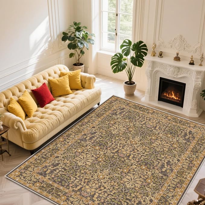 Area Rug for Living Room, 10x12 Large Washable Rugs for Dining Room, Bedroom, Non Slip Stain Resistant Carpet, Low Pile Vintage Floral Rug (Goldenrod)