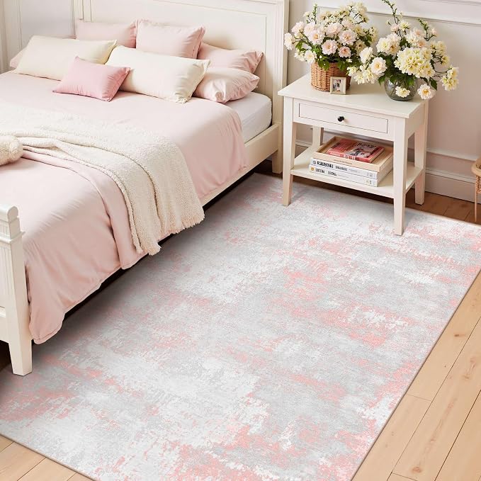 Latte&Fog 3x5 Entryway Pink Area Rugs, Modern Abstract Washable Rugs | for Girls Bedroom Dining Kitchen Kids Playroom Nursery Classroom Dorm Farmhouse Office, Non Slip Low Pile Soft Floral Carpet