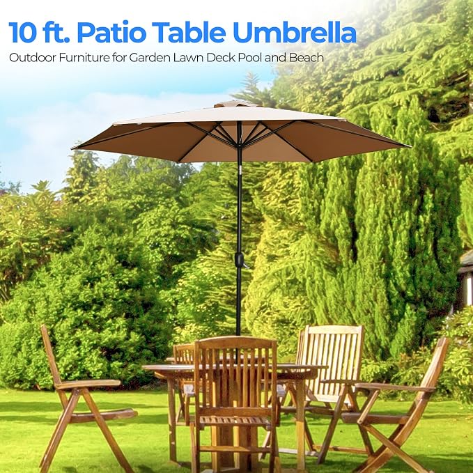 10ft Patio Table Umbrella, 6 Sturdy Ribs with Push Button Tilt, Easy Close Open Crank, Outdoor Furniture for Garden Lawn Deck Pool Beach, Weatherproof Fabric