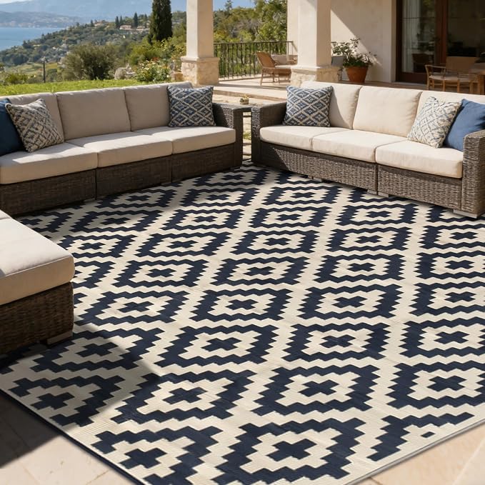 SAND MINE Reversible Mats, Plastic Straw Rug, Modern Area Rug, Large Floor Mat and Rug for Outdoors, RV, Patio, Backyard, Deck, Picnic, Beach, Trailer, Camping (10' x 10', Black & Beige Lattice)