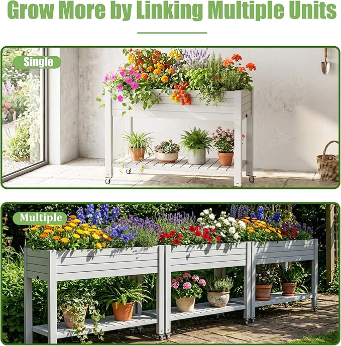 EFU Raised Garden Beds Outdoor, with Wheels & Extra Storage Shelf, Water Level Monitoring, Elevated Garden Bed, 21 Gallon Planter Raised Beds for Vegetables, Fruits, Backyard, Patio (Grayish White)