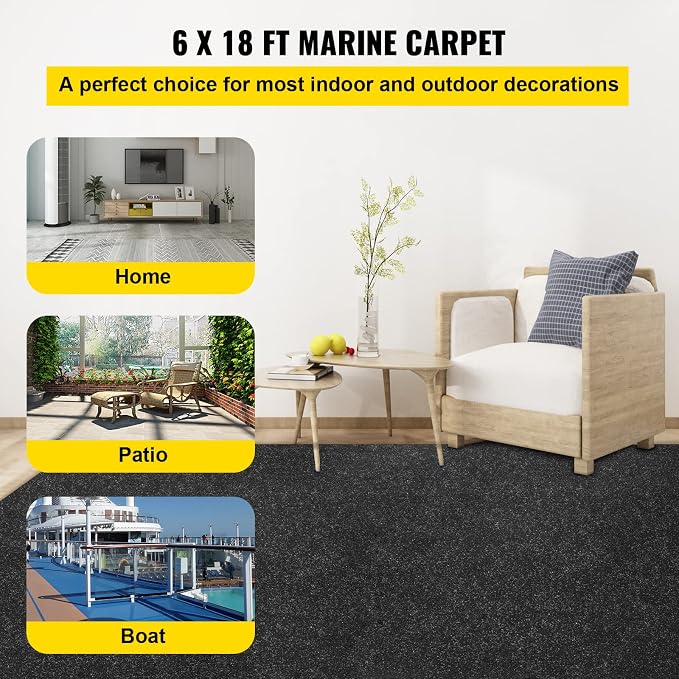 Happybuy 6 ft x 18 ft Black Marine Carpet for Boats Waterproof - 0.18" Thick Indoor Outdoor Rug Carpet Roll for Home Patio Porch Deck