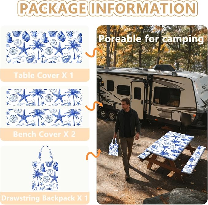 Picnic Table Cover with Bench Covers Elastic Edges, Outdoor Patio Camping Essentials 72 Inch 3PCS, Waterproof Camping Fitted Tablecloth with Handbags (Vintage ocean theme)