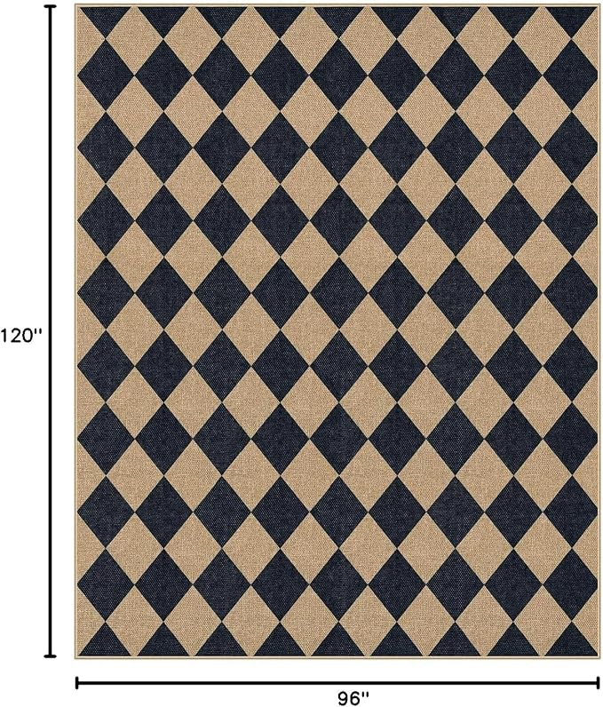 Lahome Colette Checkered Easy Jute Area Rug 8x10, Large Living Room Patio Rug Checkerboard Indoor Outdoor Carpet, Farmhouse Geometric Non Slip Black Carpet for Backyard Dining Room
