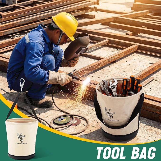 Heavy Duty Tool Canvas Bucket 12 x 12 x 9'' Tapered Wall Bucket Bag with 14 Inner Pockets, Thickened 14 Ounce Canvas, Plastic Bottom High Weight Load Capacity up to 100 Lbs (Printed)