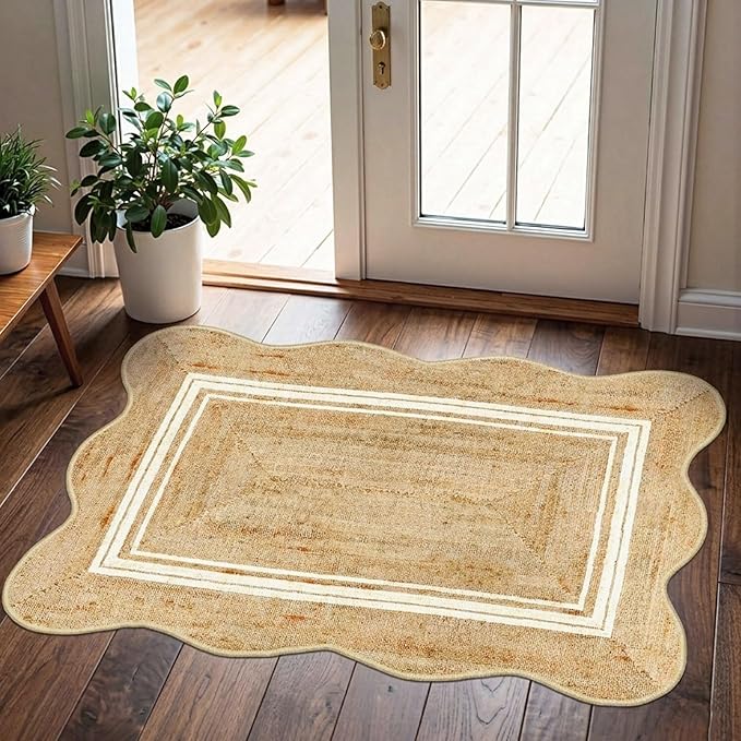 Front Door Rug - 2x3 Jute-Look Doormat Indoor Outdoor Entrance | Washable Non-Slip Door Mat Farmhouse Scalloped Small Throw Rugs for Entryway Bedroom Kitchen Mat for Floor Front Porch Decor