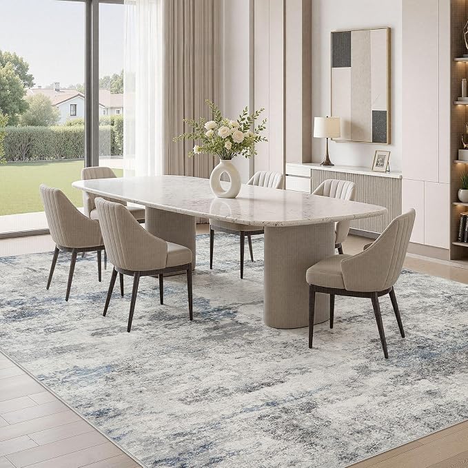 DMOYEST 7x9 Area Rug for Living Room Washable Abstract Indoor Carpet | Neutral Modern Low Pile Rugs Kid & Pet Friendly Large Soft Thin Carpet for Bedroom Dining Room and Office - Grey Blue