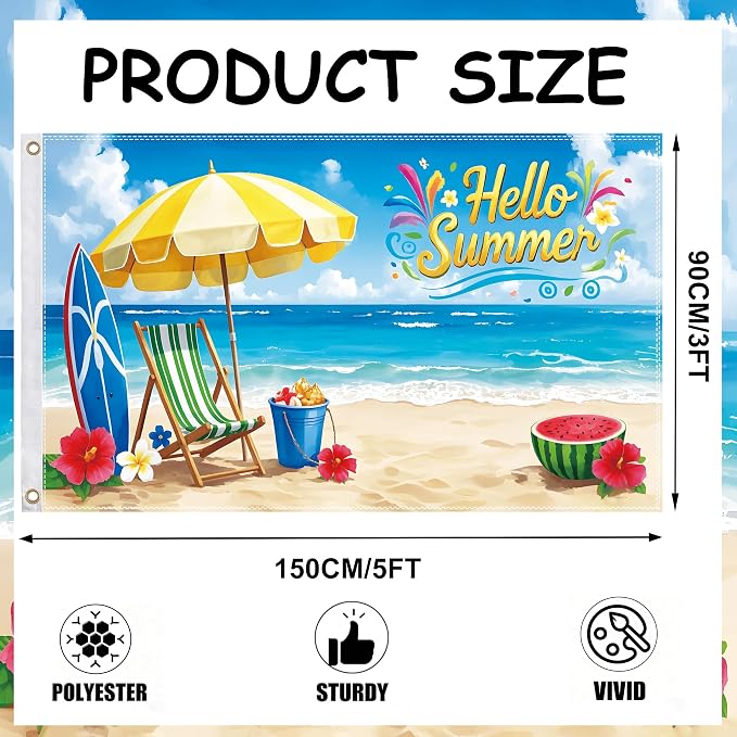 3×5Ft Hello Summer Beach Flag, Tropical Summer Themed Decorative Flag for Beach Party & Outdoor Garden Decor