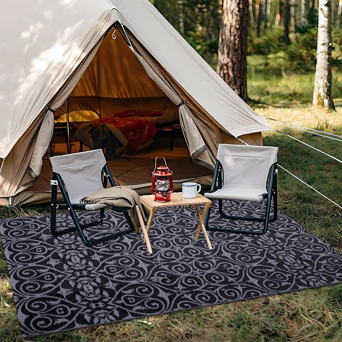OLANLY Outdoor Rug Waterproof 5x8 ft Clearance, Reversible Outdoor Plastic Straw Rug with Floral Pattern, RV Mat for Patio, Camping, Balcony, Deck, Backyard, Black & Grey