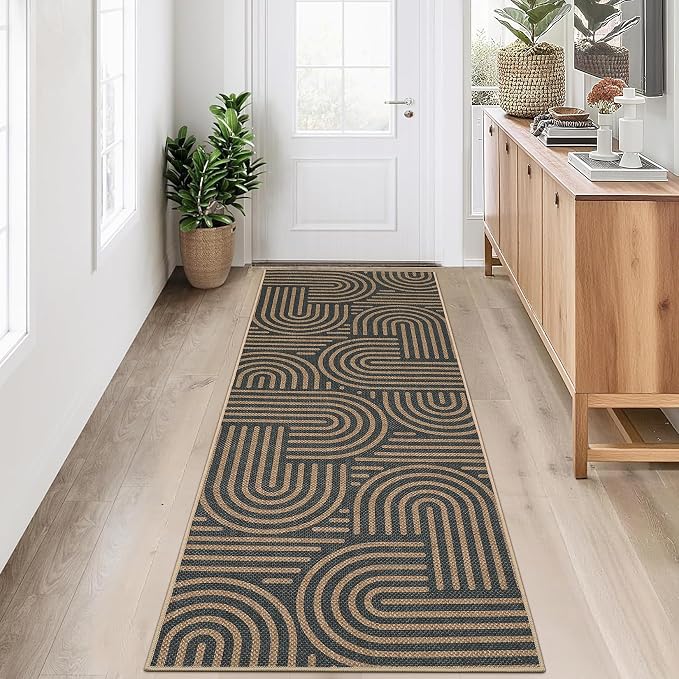 Garvee 2x6 Modern Abstract Kitchen Rugs Washable Rugs for Hallway | Black Taupe Rainbow Area Rug Stain Resistant Easy Cleaning Throw Rugs Low Pile Floor Cover for Bedroom Laundry