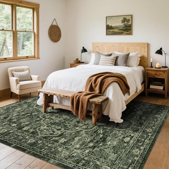 U'Artlines Boho Vintage Area Rug 8x10 Machine Washable Carpet, Dark Green | Low Pile, Non Slip, Ultra-Thin Soft Floor Carpet, Accent Rug for Living Room Bedroom Dining Room Office