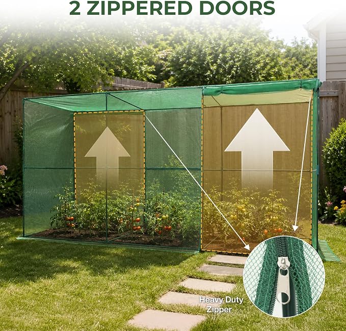 Aoodor 11x3.9x6 FT Crop Cage, Plant Protection Tent with Heavy Duty Steel Frame and Zippered Doors, Green Netting Cover for Garden, Lawn, Yard