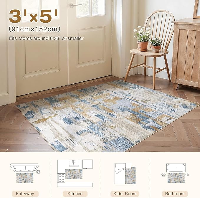 kakania Abstract 3x5 Area Rugs for Living Room: Washable Rugs Blue | Soft, Non-Slip, Low-Pile, Pet & Kid Friendly - Modern Home Decor Carpet for Bedroom/Dining Room/Office/Nursery