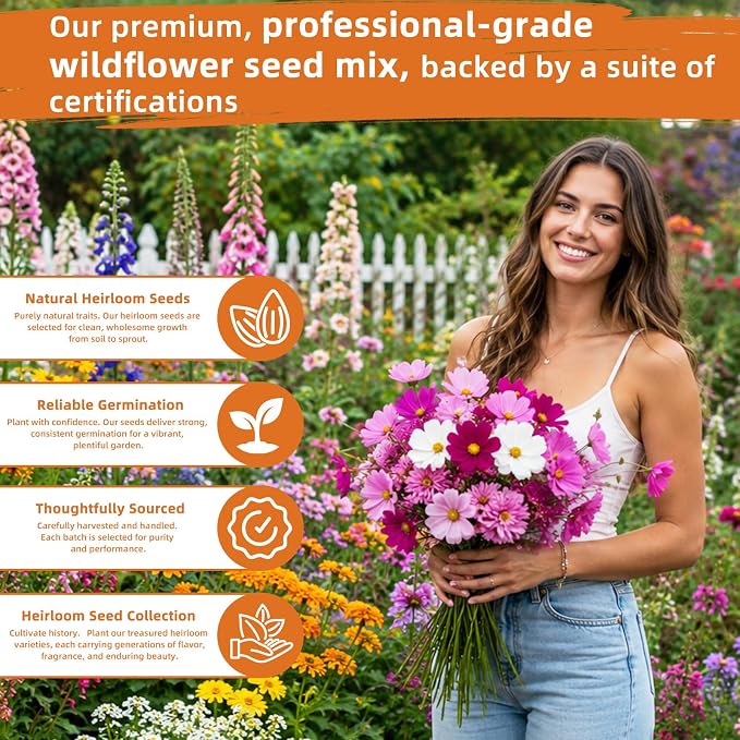 100,000+ Wildflower Seeds Bulk (4oz) - 25 Varieties Annual & Perennial Mix, High Germination Pollinator Outdoor Garden Seeds, Attracts Bees, Butterflies & Hummingbirds, Unique Gift for Women & Mom