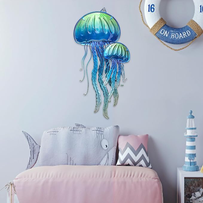 JOYBee Ocean Jellyfish Wall Art Decor-Sea Life Nautical Home Hanging Decor-Glass&Metal Jellyfish Decoration for Pool,Beach,Patio,Living Room,Bathroom,Boat, Coastal Decorations(17inch)