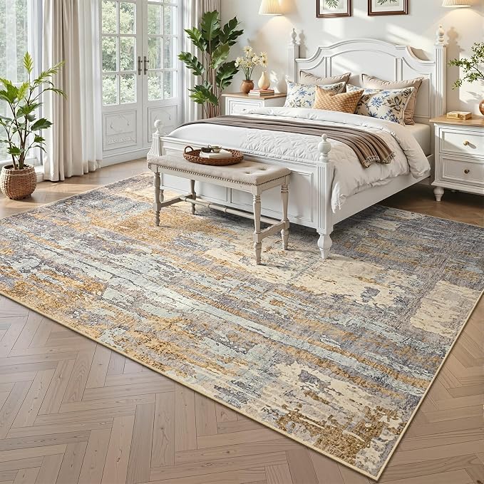 Toneed Washable 6x9 Camel Area Rug with Non-Slip Backing for Living Room | Abstract Modern Rugs, Soft Low Pile Carpet for Bedroom Kitchen Dining Room Nursery Indoor Floor Office Home Decor