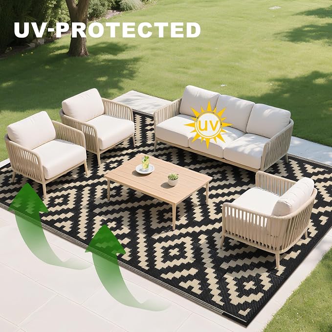 RURALITY Outdoor Rugs 6x9 Feet for Patios Clearance,Plastic Straw Waterproof Mats for Backyard,Porch,Deck,Balcony,Black&Beige