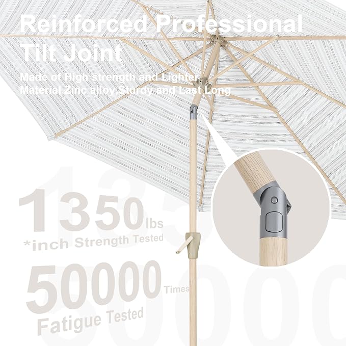Tempera Striped Patio Umbrellas Outdoor Table Market Umbrellas with Crank & Pust Button Tilt|Auto-Tilt, 8 Steel Ribs, High Color-Fastness Canopy