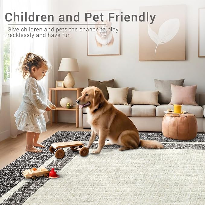 GAOMON 5x7 Area Rugs Washable Rug Non Slip Modern Rug Soft Faux Wool Indoor Carpet Contemporary Bordered Throw Rugs Low Pile Non-Shedding Print Carpet for Bedroom Living Room Dining Room Office Brown