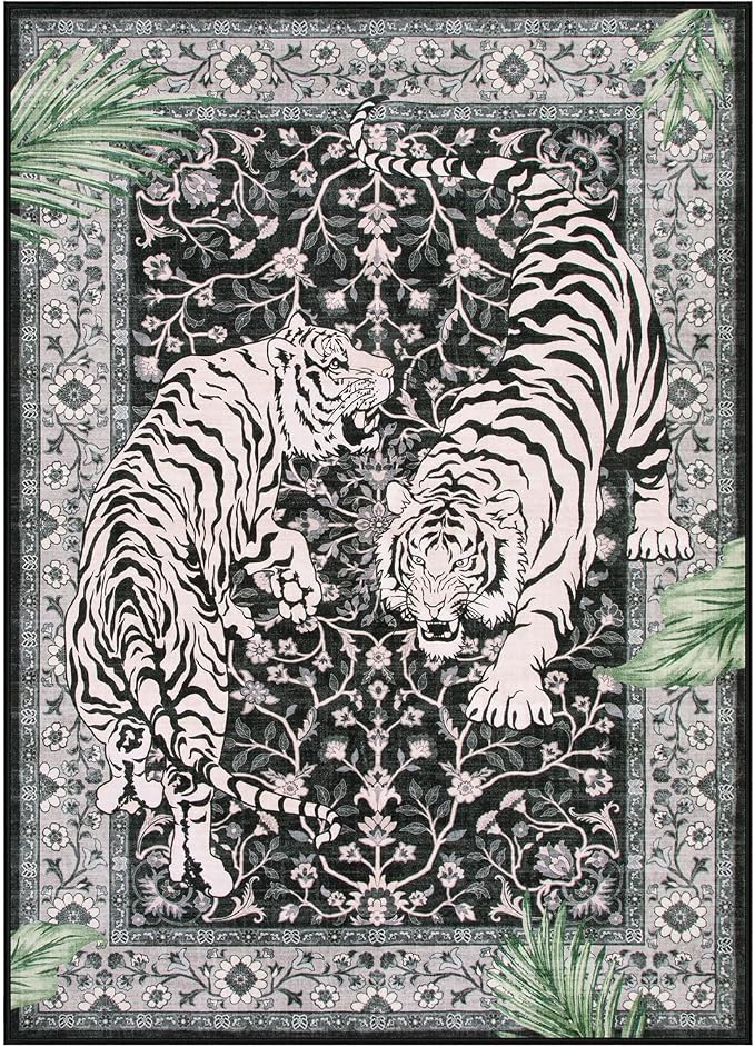 Moynesa Tiger 5x7 Area Rugs, Boho Washable Rugs for Living Room, Vintage Soft Dining Room Rug, Non Slip Ultra Thin Stain Resistant Large Floor Carpet for Office Bedroom, Black