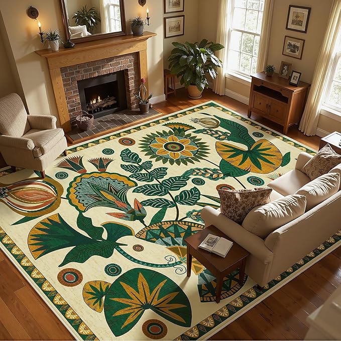Joydeco Egypt Floral Boho Washable 6x9 Area Rugs for Living Room Bedroom | Botanical Colorful Vintage Aesthetic Non Slip Flower Indoor Carpet for Dining Room Office Guest Room Playroom Dorm, Beige