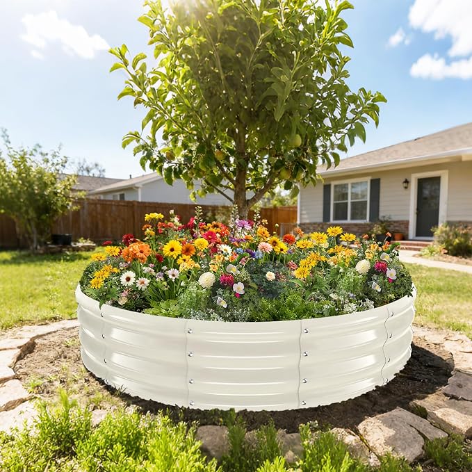YSEJOMP 5FT Diameter Galvanized Garden Raised Bed/Plant Box/Fire Pit Ring - 0.8mm Thick,12 Inch Tall,Perfect for Planting a Variety of Flowers,Herbs,Vegetables (Cream White, 60 Dia X 12 inches)