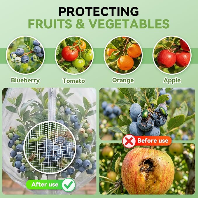 2 Pack Bird Netting for Garden Protection with Zipper & Drawstring - Garden Netting Pest Barrier 8.2x6 FT,Cover for Blueberry Bushes Tomato Fruit Tree and Plants Protection from Insect Mosquito Birds